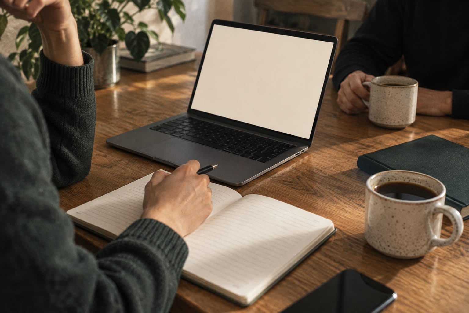 Two people reviewing customer journey findings together at a table